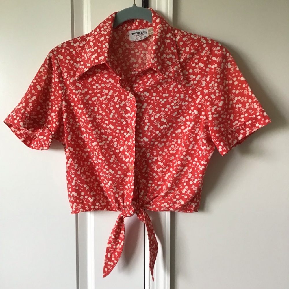 Vintage Cherry Print Crop Top with Front Tie